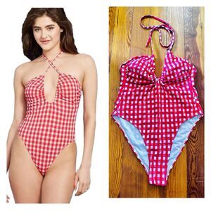 Wild Fable Womens MEDIUM Swimsuit Red Gingham Plaid Cross Halter High Leg #1